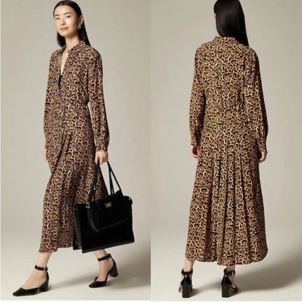 J. Crew Women's Leopard Print Drapey Pleated Shirt-Dress CI713 Brown Size 8 NWT - Picture 1 of 3